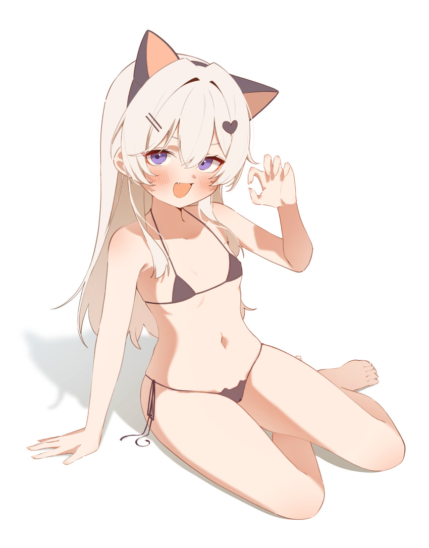 1girl absurdres animal_ear_hairband animal_ear_headwear animal_ears arm_support bare_shoulders bikini black_bikini blush cat_ear_bikini cat_ear_hairband cat_ear_panties cat_ears claw_pose fake_animal_ears fang flat_chest hair_ornament hairband hairclip heart heart_hair_ornament highres long_hair micro_bikini navel open_mouth original panties purple_eyes rachi side-tie_bikini_bottom sitting swimsuit thighs underwear white_hair yokozuwari