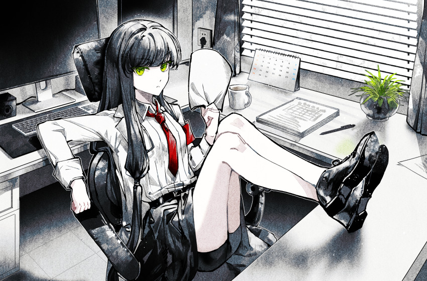 1girl belt black_hair black_shoes black_shorts black_skirt calendar_(object) coffee_mug computer_keyboard cup electrical_outlet feet_on_table green_eyes highres holding holding_paper indoors long_hair long_sleeves mechanical_pencil monitor mug necktie original pale_skin paper pencil plant potted_plant red_necktie shoes shoes_on_table shorts sitting skirt solo swivel_chair very_long_hair windworker