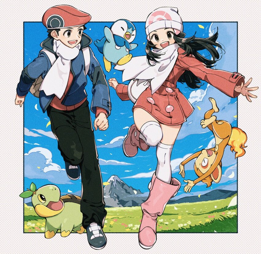1boy 1girl :d black_eyes black_hair black_pants blue_jacket boots chimchar dawn_(pokemon) gen_4_pokemon hat jacket keishin long_hair lucas_(pokemon) mountain nintendo open_mouth outdoors pants pink_boots pink_jacket piplup pokemon pokemon_(creature) pokemon_dppt scarf smile teeth thighhighs turtwig upper_teeth_only white_headwear white_scarf white_thighhighs