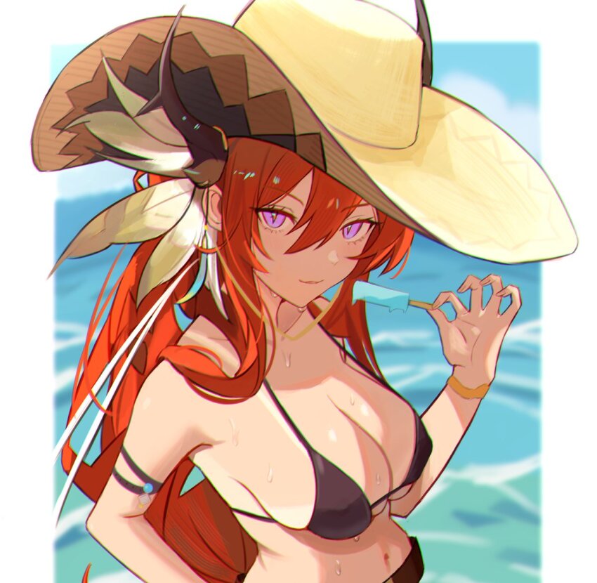 1girl alternate_costume arknights bikini black_bikini breasts close-up covered_erect_nipples diamond-shaped_pupils diamond_(shape) dummyeq food hat holding holding_food holding_popsicle horns long_hair looking_at_viewer medium_breasts popsicle purple_eyes red_hair smile solo straw_hat string_bikini surtr_(arknights) sweat swimsuit symbol-shaped_pupils tan tanline