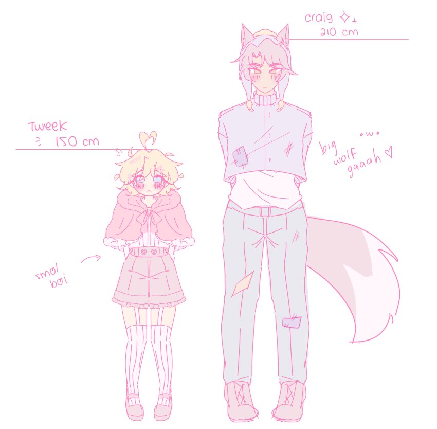 2boys :&lt; absurdres ahoge animal_ears arms_behind_back arrow_(symbol) black_hair black_sandals blonde_hair blue_eyes blue_hat blue_jacket blue_pants blush bow brown_shoes buttons capelet closed_mouth craig_tucker crop_top english_text frilled_capelet frills grey_shorts hat heart height height_difference highres jacket kemonomimi_mode male_focus multiple_boys pants red_bow red_capelet rinrin_(wuvpyon) sandals shirt shoes short_hair shorts socks south_park tail trap tweek_tweak white_shirt white_socks wolf_ears wolf_tail