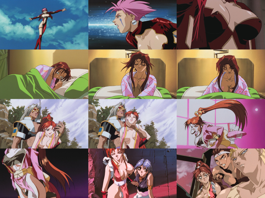 1990s_(style) absurdres andy_bogard anime_screenshot areola_slip breasts center_opening cleavage collage covered_erect_nipples crotch fatal_fury fatal_fury:_the_motion_picture hauer highres japanese_clothes joe_higashi navel nipple_slip nipples oobari_masami panni_(fatal_fury) retro_artstyle revealing_clothes see-through_clothes shiranui_mai sideboob snk sulia_gaudeamus