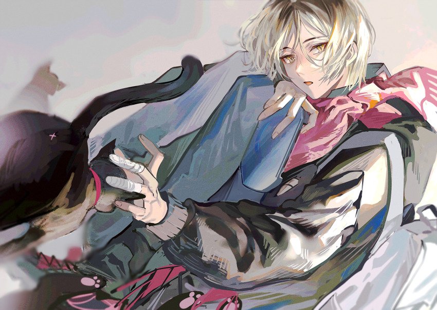 1boy animal backpack bag black_cat blonde_hair book cat haikyuu!! hair_between_eyes holding jacket kozume_kenma long_sleeves looking_at_viewer male_focus open_mouth pants parted_lips red_scarf scarf short_hair sitting solo yellow_eyes yinzinmiemie