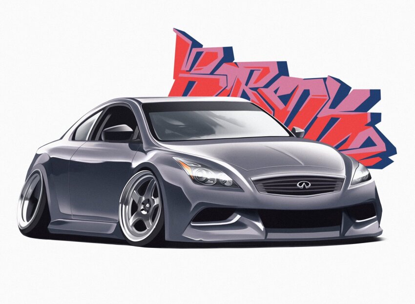 car graffiti grey_car highres infiniti_(company) infiniti_g37 motor_vehicle no_humans original sh1m4o shadow sports_car stance_(vehicle) vehicle_focus