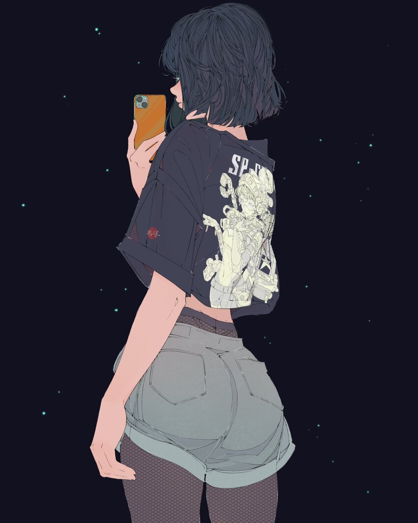 1girl art_study ass black_background black_hair black_pantyhose black_shirt cellphone closed_mouth commentary cowboy_shot cropped_shirt elliemaplefox english_commentary eyelashes from_behind grey_shorts hand_up highres holding holding_phone light_particles lips original pantyhose phone print_shirt profile selfie shirt short_hair short_sleeves shorts smartphone solo