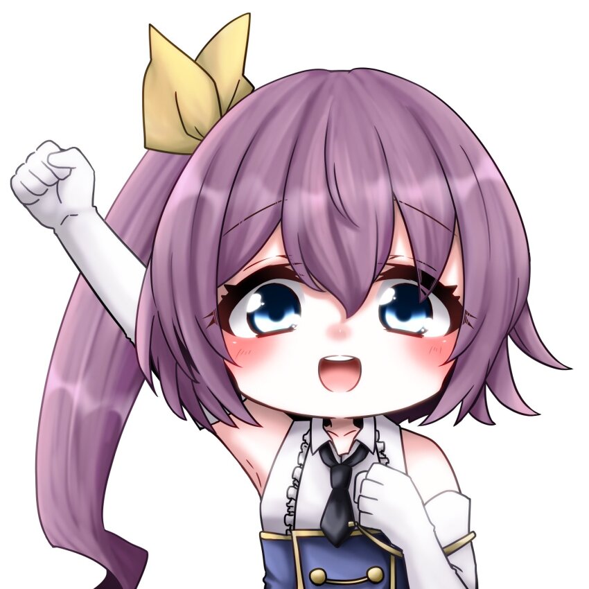1girl :d arm_up assault_lily bare_shoulders black_necktie blue_eyes blue_shirt blush chibi clenched_hands collared_shirt commentary_request frilled_skirt frills hair_between_eyes hair_ribbon hand_up high_side_ponytail highres kawanabe_nazuna long_hair looking_at_viewer necktie odaiba_girls_high_school_uniform open_mouth outstretched_arm purple_hair ribbon school_uniform shirt short_necktie side_ponytail simple_background skirt sleeveless sleeveless_shirt smile solo tora_(yoaq151bibozrrb) two-tone_shirt upper_body white_background white_shirt yellow_ribbon