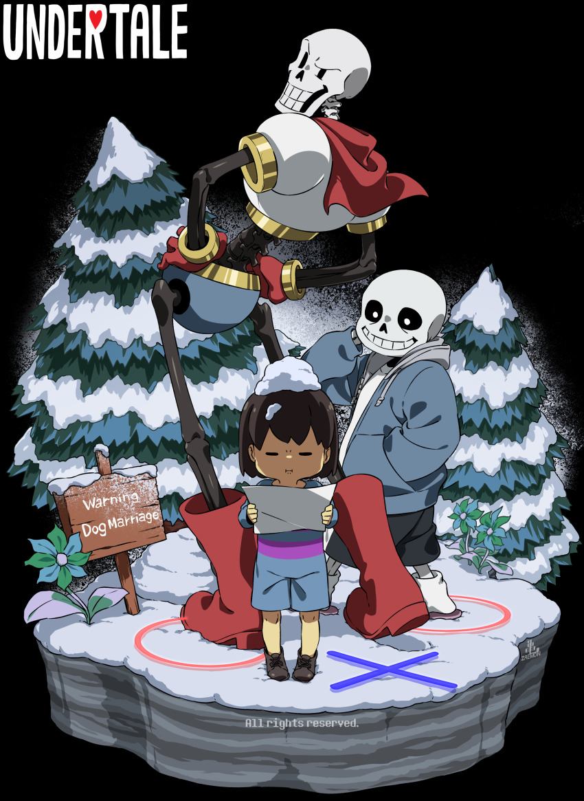 1other 2boys :i =_= absurdres androgynous arm_behind_head black_background black_sclera black_shorts blue_jacket boots brothers brown_footwear brown_hair cape cel_shading child closed_eyes colored_sclera commentary copyright_name drawstring flower frisk_(undertale) frown full_body gloves grin hand_in_pocket hands_on_own_hips highres holding holding_paper hood hood_down hooded_jacket jacket kamezaemon knee_boots looking_at_another male_focus multiple_boys outdoors paper papyrus_(undertale) pine_tree red_cape red_footwear red_gloves romper sans_(undertale) shoes short_hair shorts siblings signpost simple_background skeleton smile snow snow_on_head socks standing tree undertale white_eyes white_socks winter x