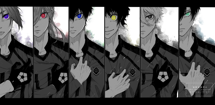 6+boys absurdres aqua_eyes bachira_meguru blue_eyes blue_lock chigiri_hyoma closed_mouth english_text hair_between_eyes hand_on_own_chest highres isagi_yoichi itoshi_rin lllou_illust long_sleeves looking_at_viewer male_focus mikage_reo multiple_boys nagi_seishirou purple_eyes red_eyes short_hair smile soccer_uniform sportswear spot_color teeth tongue tongue_out upper_body v-shaped_eyebrows watermark yellow_eyes