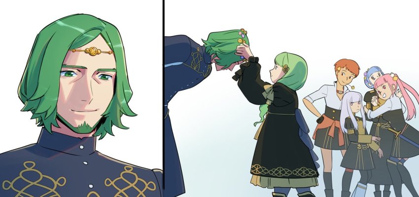 1boy 5girls beard black_gloves black_legwear blue_hair blue_legwear boots bow brother_and_sister brown_eyes closed_mouth facial_hair fire_emblem fire_emblem:_three_houses flayn_(fire_emblem) flower from_side garreg_mach_monastery_uniform gloves green_eyes green_facial_hair green_hair hair_flower hair_ornament hilda_valentine_goneril knee_boots leonie_pinelli long_hair long_sleeves lysithea_von_ordelia marianne_von_edmund matching_hair/eyes multiple_girls nintendo open_mouth orange_eyes orange_hair pink_eyes pink_hair seteth_(fire_emblem) short_hair short_sleeves siblings smile thighhighs twintails viivus white_hair
