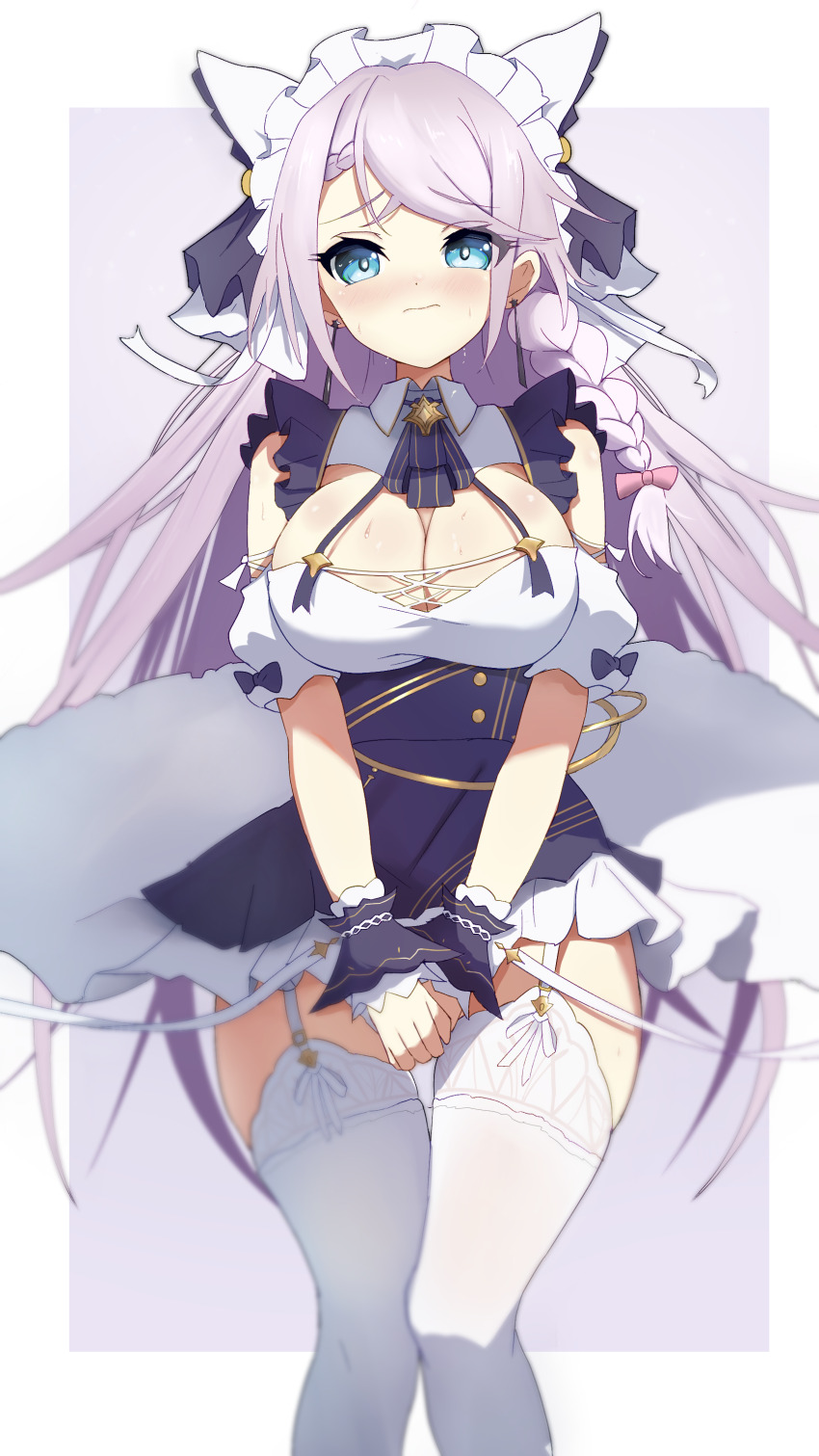 1girl absurdres azur_lane breasts cheshire_(azur_lane) cheshire_(azur_lane)_(cosplay) cleavage commission cosplay highres large_breasts legwear_garter long_hair looking_at_viewer maid_headdress pixiv_commission ryokuchabushi thighhighs vestal_(azur_lane) white_thighhighs