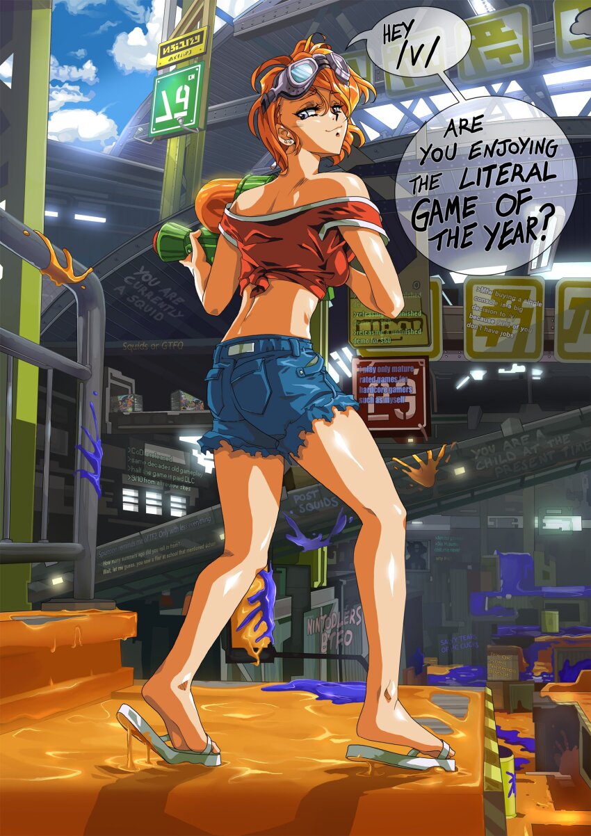 1girl 4chan absurdres ass bare_shoulders commentary crop_top denim denim_shorts earrings english_commentary english_text flat_ass flip-flops from_behind full_body goggles goggles_on_head graffiti highres jewelry looking_back multiple_earrings nintendo orange_hair original otaking purple_eyes red_tank_top sandals shiny_skin shirt short_hair short_shorts shorts smile smug solo splatoon_(series) strap_slip stud_earrings super_soaker tank_top tied_shirt torn_clothes torn_shorts