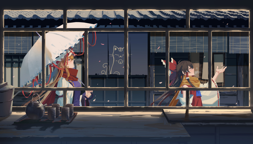 2girls absurdres animal_print arm_up ascot bamboo_screen black_hair blonde_hair blue_ascot bow cat_print commentary cup detached_sleeves dress falling_petals frilled_bow frilled_hair_tubes frills from_side hair_bow hair_tubes hakurei_reimu hat hat_ribbon highres holding holding_umbrella kettle long_sleeves looking_up mob_cap multiple_girls orange_scarf outstretched_arm petals purple_tabard red_bow red_eyes red_ribbon red_scarf red_shirt ribbon scarf shirt sidelocks sleeveless sleeveless_shirt tabard touhou tray umbrella upper_body white_dress white_hat white_sleeves white_umbrella wide_sleeves yakumo_yukari yellow_eyes yunomi zy_(zyyyyyyy9)