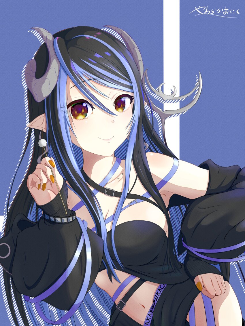 1girl absurdres bandeau belt black_bandeau black_belt black_hair black_jacket black_skirt blue_background blue_belt blue_hair blush breasts brown_eyes brown_nails chest_belt cleavage closed_mouth collarbone commentary_request cowboy_shot curled_horns demon_girl demon_horns demon_tail fingernails grey_horns hair_between_eyes hand_on_own_hip hebiyoi_tier hebiyoi_tier_(1st_costume) highres hip_vent holding horns jacket leaning_forward long_bangs long_hair long_sleeves looking_at_viewer medium_breasts mimikaki multicolored_hair nanashi_inc. navel off_shoulder open_clothes open_jacket pointy_ears sidelocks skirt smile snake_bite solo tail two-tone_hair virtual_youtuber yawaraka_oniku_hatto