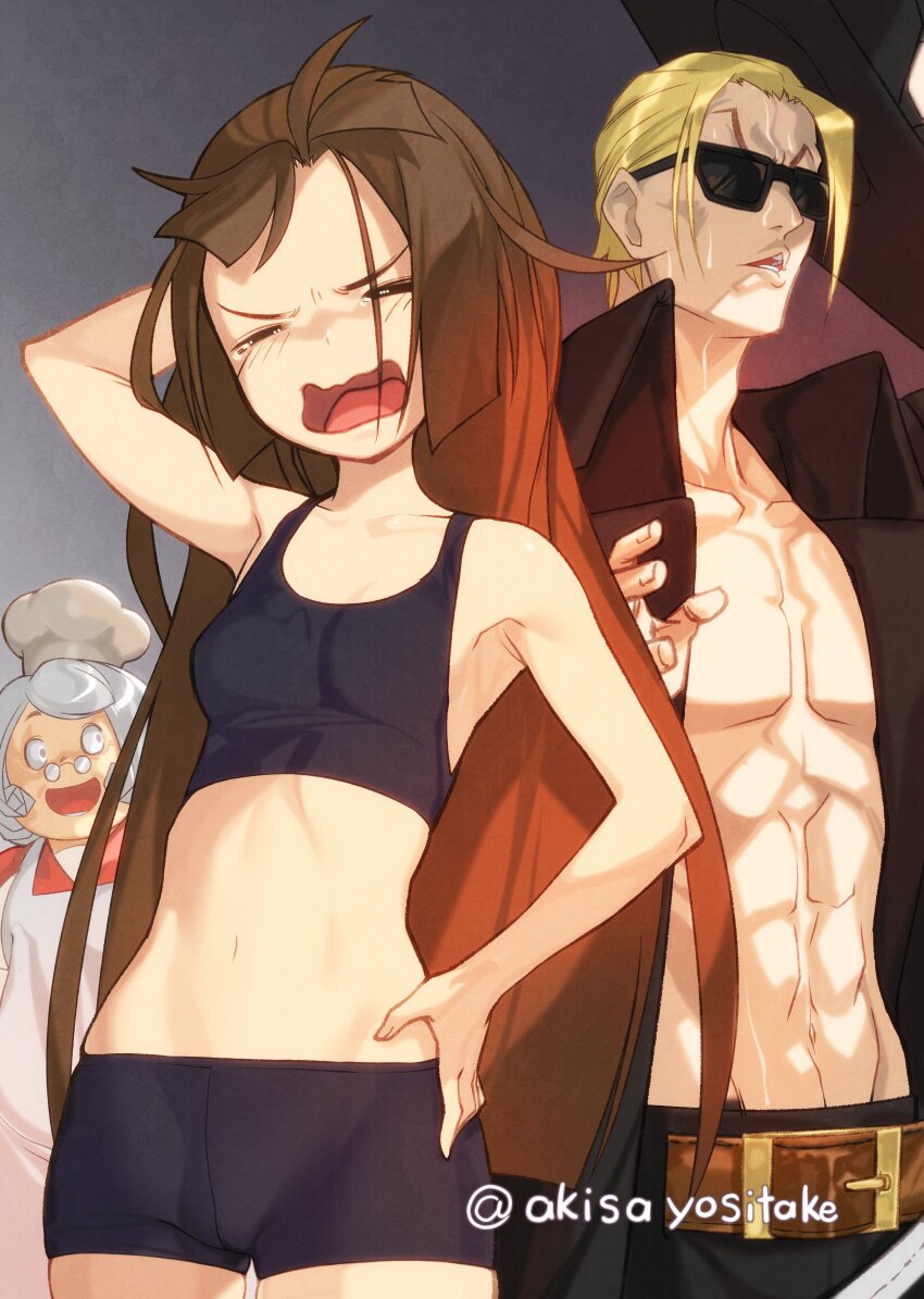 1girl 2boys abs absurdres akisa_yositake bike_shorts black_headwear black_shorts black_sports_bra blonde_hair bra breasts brown_hair chef chef_hat grey_hair guilty_gear guilty_gear_xx hat highres johnny_(guilty_gear) long_hair looking_at_viewer may_(guilty_gear) medium_breasts multiple_boys shorts sports_bra sunglasses toque_blanche underwear white_headwear