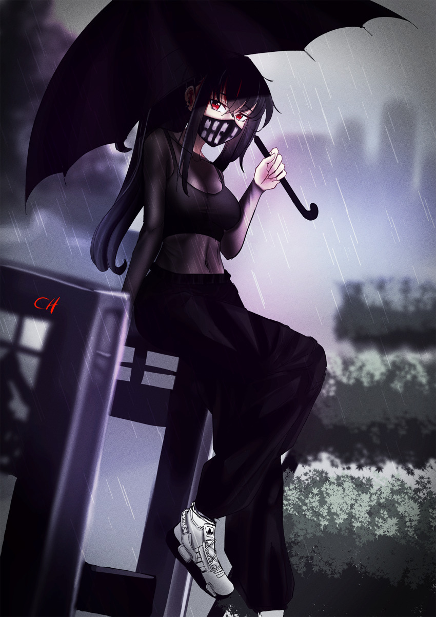 1girl alternate_costume artist_name azur_lane black_hair black_mask black_pants black_sports_bra black_tank_top blurry blurry_background blush bodystocking bra_visible_through_clothes breasts casual choister covered_navel crop_top crossed_legs feet_out_of_frame highres holding holding_umbrella long_hair looking_at_viewer mask masked medium_breasts nail_polish pants parasol pink_nails rain red_eyes see-through_clothes shoes sitting sneakers solo sports_bra tank_top track_pants u-47_(azur_lane) umbrella water_drop white_shoes