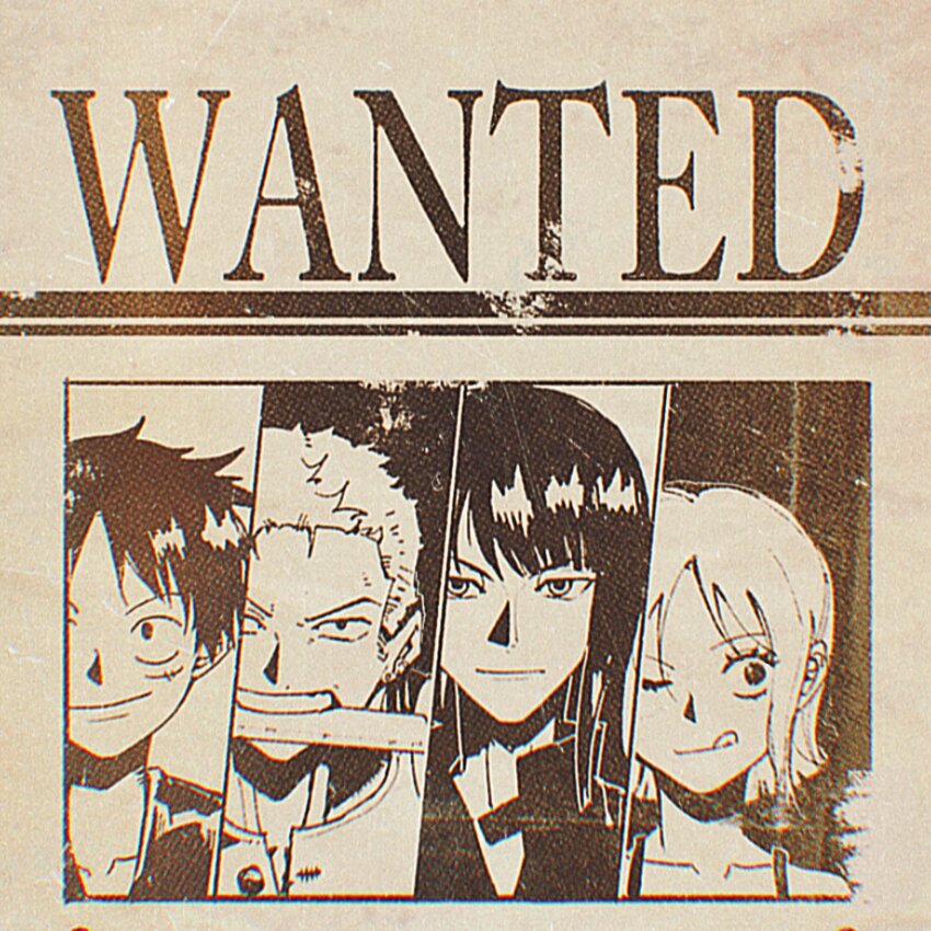 2boys 2girls blunt_bangs close-up commentary earrings facial_scar greyscale high_collar highres jewelry licking_lips looking_at_viewer looking_to_the_side medium_hair monkey_d._luffy monochrome multiple_boys multiple_girls nami_(one_piece) nico_robin nico_robin_(water_7) one_eye_closed one_piece onecata11 roronoa_zoro scar scar_on_cheek scar_on_face short_hair smile tongue tongue_out wanted_poster weapon_in_mouth