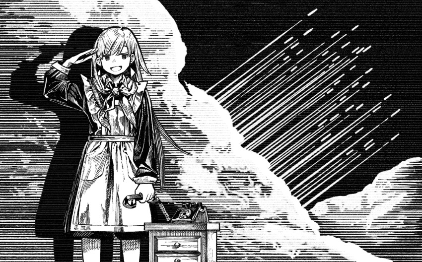 1girl :d absurdres antique_phone apron backdrop cloud corded_phone crosshatching dress greyscale hatching_(texture) highres holding holding_phone kilsturgeon long_hair long_sleeves monochrome neckerchief open_mouth original phone rotary_phone salute shadow smile solo