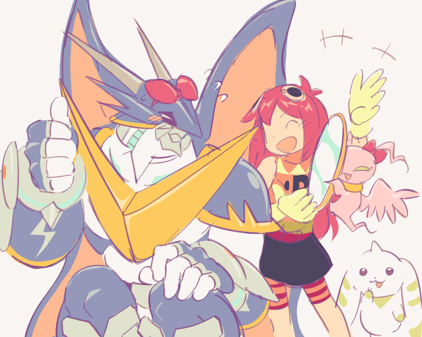 belt blush digimon digimon_(creature) goggles goggles_on_head highres horns kizuna_(digimon) long_hair marinangemon open_mouth skirt smile terriermon ulforcev-dramon