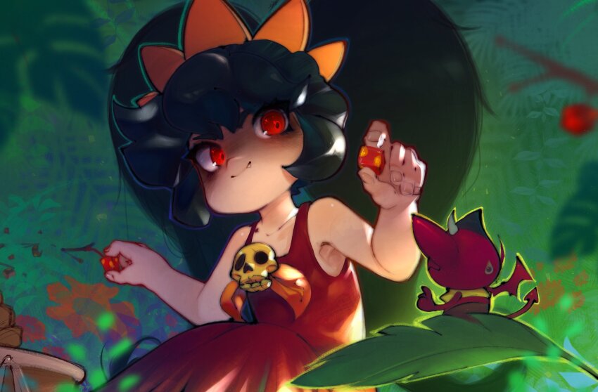 1boy 1girl absurdres ashley_(warioware) bare_arms bare_shoulders berry black_hair demon_horns demon_tail demon_wings dress fang food from_behind hair_ornament hands_up highres holding holding_food horns light_smile looking_at_another looking_to_the_side nintendo onimiere outdoors red_(warioware) red_dress red_eyes scene_reference sitting sleeveless sleeveless_dress solo straight_hair tail twintails warioware warioware:_move_it! wings