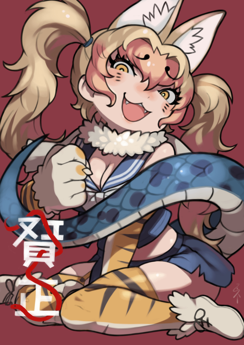 1girl animal_ears breasts brown_hair cleavage extra_ears gloves highres kemono_friends long_hair looking_at_viewer multicolored_hair nue_(kemono_friends) orange_eyes red_background red_hair rinx sailor_collar scarf shoes simple_background skirt sleeveless solo tail thighhighs twintails two-tone_hair