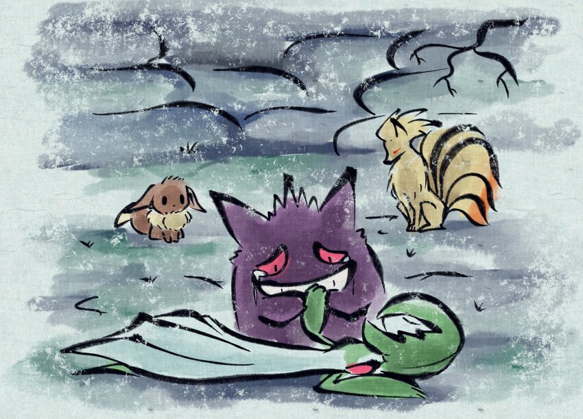 brown_fur colored_skin dress eevee gardevoir gen_1_pokemon gen_3_pokemon gengar ghost green_hair green_skin highres lying metikyun multicolored_skin ninetales nintendo orange_fur pokemon pokemon_(creature) pokemon_mystery_dungeon pokemon_mystery_dungeon:_rescue_team_dx tears two-tone_skin white_dress white_skin