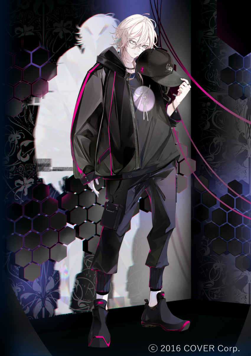 1boy :/ alternate_costume aqua_hair arm_at_side baggy_clothes baseball_cap black_background black_hat black_jacket black_shirt black_shoes bracelet chain chain_bracelet copyright_notice expressionless full_body hair_between_eyes hat highres holding holding_unworn_clothes holding_unworn_hat holostars honeycomb_(pattern) hood hood_down hooded_jacket jacket jewelry long_sleeves looking_at_viewer male_focus medium_hair multicolored_hair official_art open_clothes open_jacket pale_skin pink_hair pouch print_shirt ring shirt shoes silhouette sleeves_past_wrists solo streaked_hair thigh_pouch unworn_hat unworn_headwear utsugi_uyu virtual_youtuber white_eyes white_hair yonemuro zipper