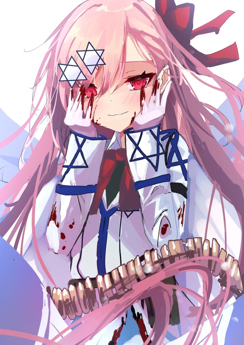 1girl absurdres ammunition_belt blood blood_on_clothes blood_on_face blood_on_gloves blush bow bowtie bullet eyes_visible_through_hair girls&#039;_frontline gloves hair_ornament hairclip hands_on_own_cheeks hands_on_own_face hexagram highres jacket kamiya_mitobe long_hair negev_(girls&#039;_frontline) parted_lips pink_hair red_bow red_bowtie red_eyes simple_background solo star_of_david upper_body white_gloves white_jacket