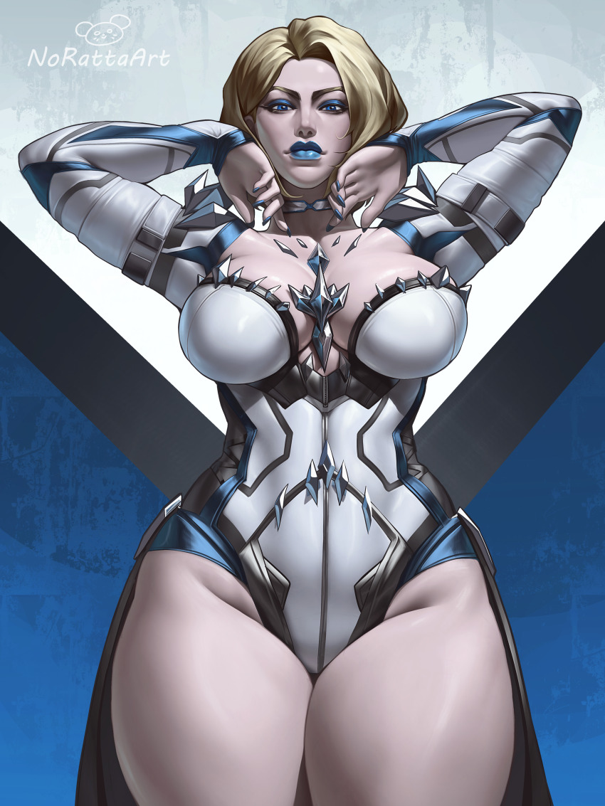 1girl absurdres artist_name blonde_hair blue_eyes blue_eyeshadow blue_lips blue_nails breasts closed_mouth commentary emma_frost eyeshadow highres large_breasts leotard looking_at_viewer makeup marvel marvel_rivals norattaart short_hair solo superhero_costume white_leotard x-men