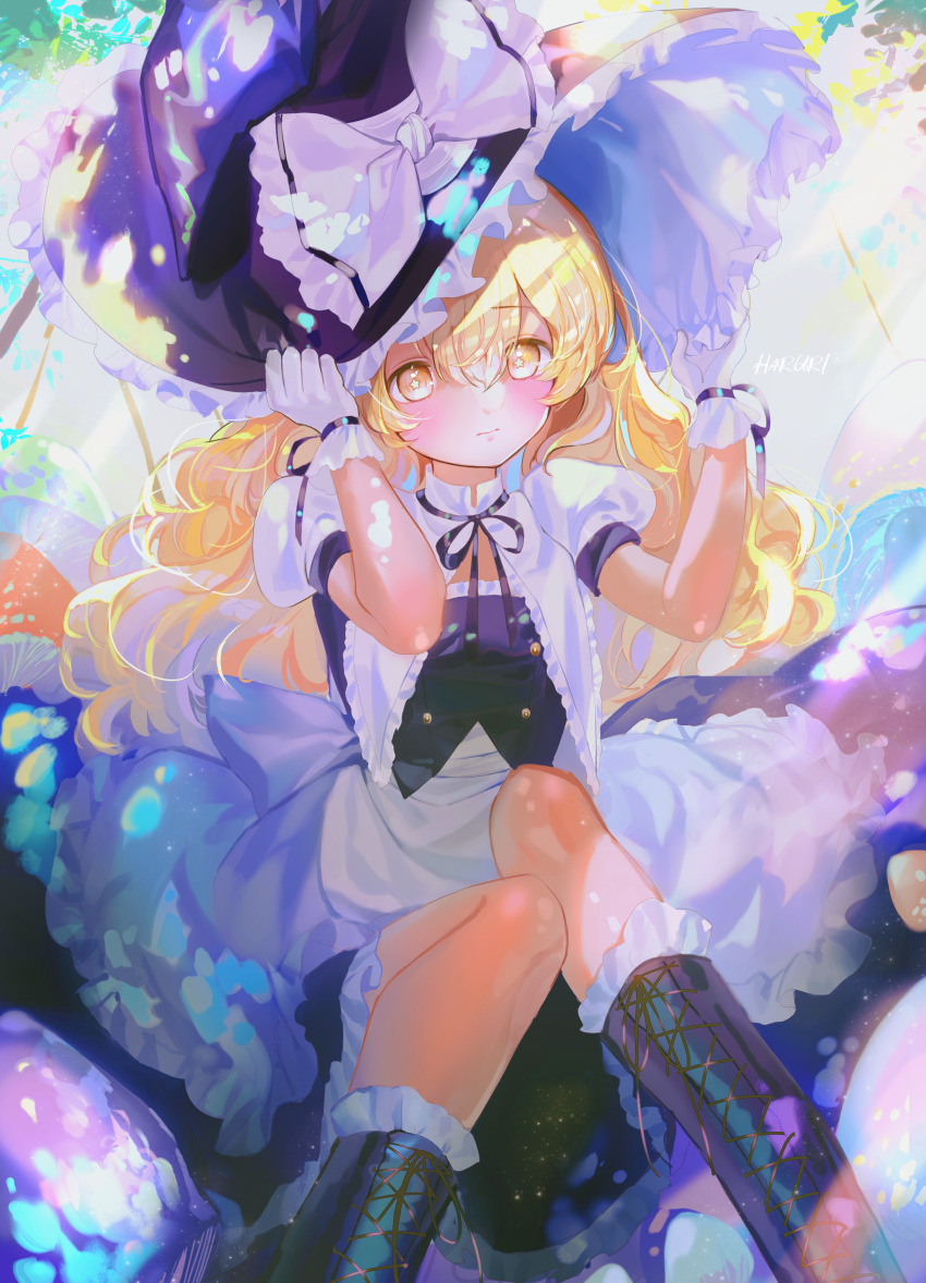 1girl :| absurdres apron back_bow black_boots black_headwear blonde_hair blush boots bow bright_pupils closed_mouth dress frilled_dress frilled_headwear frills gloves haruri hat hat_bow highres kirisame_marisa long_hair looking_at_viewer multicolored_background on_floor outdoors puffy_short_sleeves puffy_sleeves short_sleeves sitting star-shaped_pupils star_(symbol) symbol-shaped_pupils touhou tree waist_apron wavy_hair white_bow white_gloves white_pupils witch_hat yellow_eyes