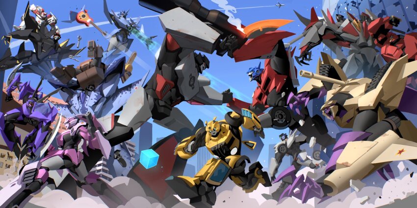 5girls arcee arm_blade arm_cannon assault_visor autobot battle blitzwing blue_eyes bumblebee_(transformers) chainsaw clenched_hand confused decepticon dust energon_cube fighting guitar gun hand_on_another&#039;s_head highres instrument ironhide jazz_(transformers) kamitoge_supino looking_up mecha megatron multiple_girls no_humans open_mouth optimus_prime punching ratchet_(transformers) red_eyes redesign robot running science_fiction shadow_striker_(transformers) sky skywarp smoke smoking_barrel soundwave_(transformers) star_(symbol) starscream suplex thundercracker transformers weapon wheeljack wrench