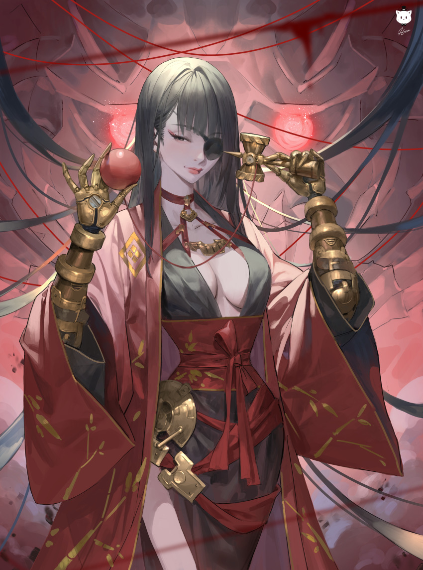 1girl absurdres artist_logo ball black_hair black_kimono breasts cleavage closed_mouth commentary cowboy_shot dated_commentary english_commentary eyepatch hammer hands_up highres holding holding_ball holding_hammer japanese_clothes jung_wonjo kendama kimono large_breasts layered_sleeves lips logo long_hair long_sleeves looking_away looking_down mechanical_arms one_eye_covered original red_kimono red_ribbon red_sash ribbon sash side_slit signature solo string swept_bangs very_long_hair wide_sleeves