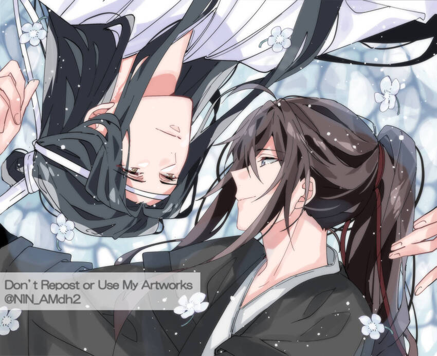 2boys ahoge bishounen black_hair black_hanfu brown_hair chinese_clothes english_text eye_contact flower grey_eyes hair_ribbon hanfu headband highres hyottokoane lan_wangji light_particles long_hair looking_at_another lying male_focus modao_zushi multiple_boys ponytail profile red_ribbon ribbon rotational_symmetry sidelocks smile topknot twitter_username upper_body upside-down water watermark wei_wuxian white_flower white_hanfu white_headband xiao_guan_(headdress) yaoi yellow_eyes
