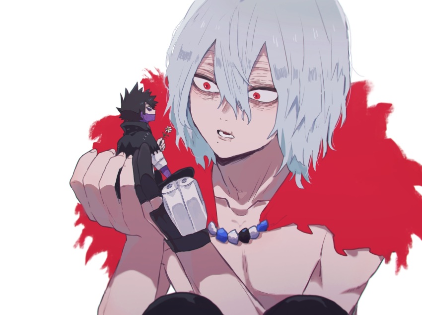 2boys ametaro_(ixxxzu) black_hair black_jacket blue_eyes boku_no_hero_academia burn_scar cape cheek_piercing dabi_(boku_no_hero_academia) face_piercing flower grey_hair highres jacket male_focus medium_hair mini_person missing_finger multiple_boys multiple_scars piercing red_cape red_eyes scar scar_on_face shigaraki_tomura short_hair simple_background spiked_hair staple stapled white_background wrinkled_skin