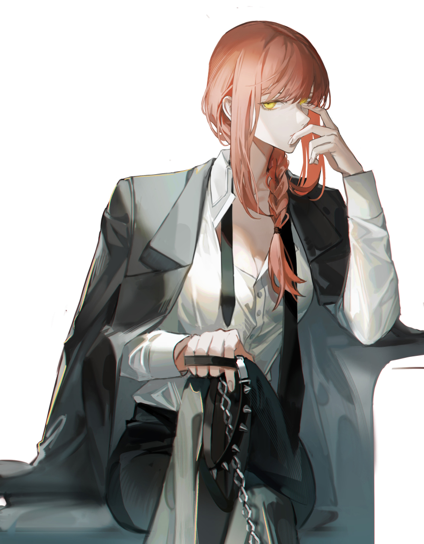 1girl absurdres black_coat braid braided_ponytail breasts chain chain_leash chainsaw_man cleavage coat coat_on_shoulders collar collared_shirt covered_mouth crossed_legs elbow_rest highres holding holding_leash invisible_chair leash makima_(chainsaw_man) medium_breasts medium_hair necktie partially_unbuttoned pov red_hair shirt shirt_tucked_in sidelocks simple_background sitting sleepless_(wrysmile) solo spiked_collar spikes undone_necktie viewer_on_leash white_background white_shirt yellow_eyes
