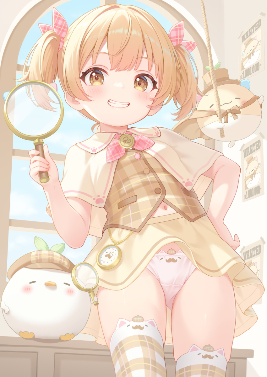 1girl blonde_hair blush breasts brown_vest capelet cat_ear_panties commentary_request cowboy_shot grin hair_ribbon highres holding holding_magnifying_glass loli looking_at_viewer magnifying_glass minami_mii navel original paid_reward_available panties pantyshot parted_lips pink_ribbon plaid_clothes plaid_ribbon plaid_vest print_panties rebun ribbon skirt small_breasts smile solo teeth thighhighs twintails underwear vest white_capelet white_panties yellow_eyes yellow_skirt