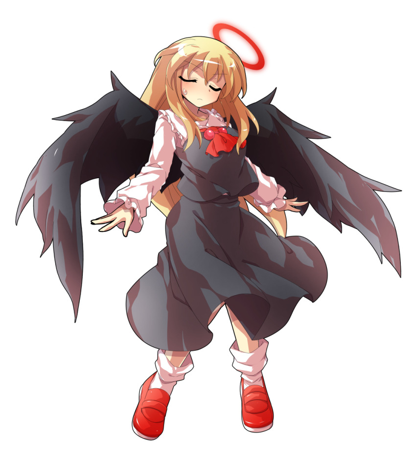 1girl aged_up alternate_breast_size alternate_hair_length alternate_hairstyle ascot black_dress black_skirt black_wings blonde_hair blush breasts closed_eyes closed_mouth commentary_request commission dairi dress ex-rumia full_body halo highres large_variant_set long_hair long_sleeves red_ascot red_halo red_shoes rumia shirt shoes skeb_commission skirt socks solo sweatdrop touhou transparent_background v-shaped_eyebrows variant_set vest white_socks wings