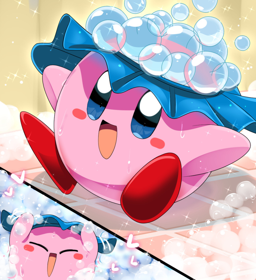 :d blue_eyes blush_stickers bubble bubble_kirby full_body highres kirby kirby&#039;s_dream_land kirby_(series) lets0020 nintendo no_humans open_mouth shower_cap smile soap