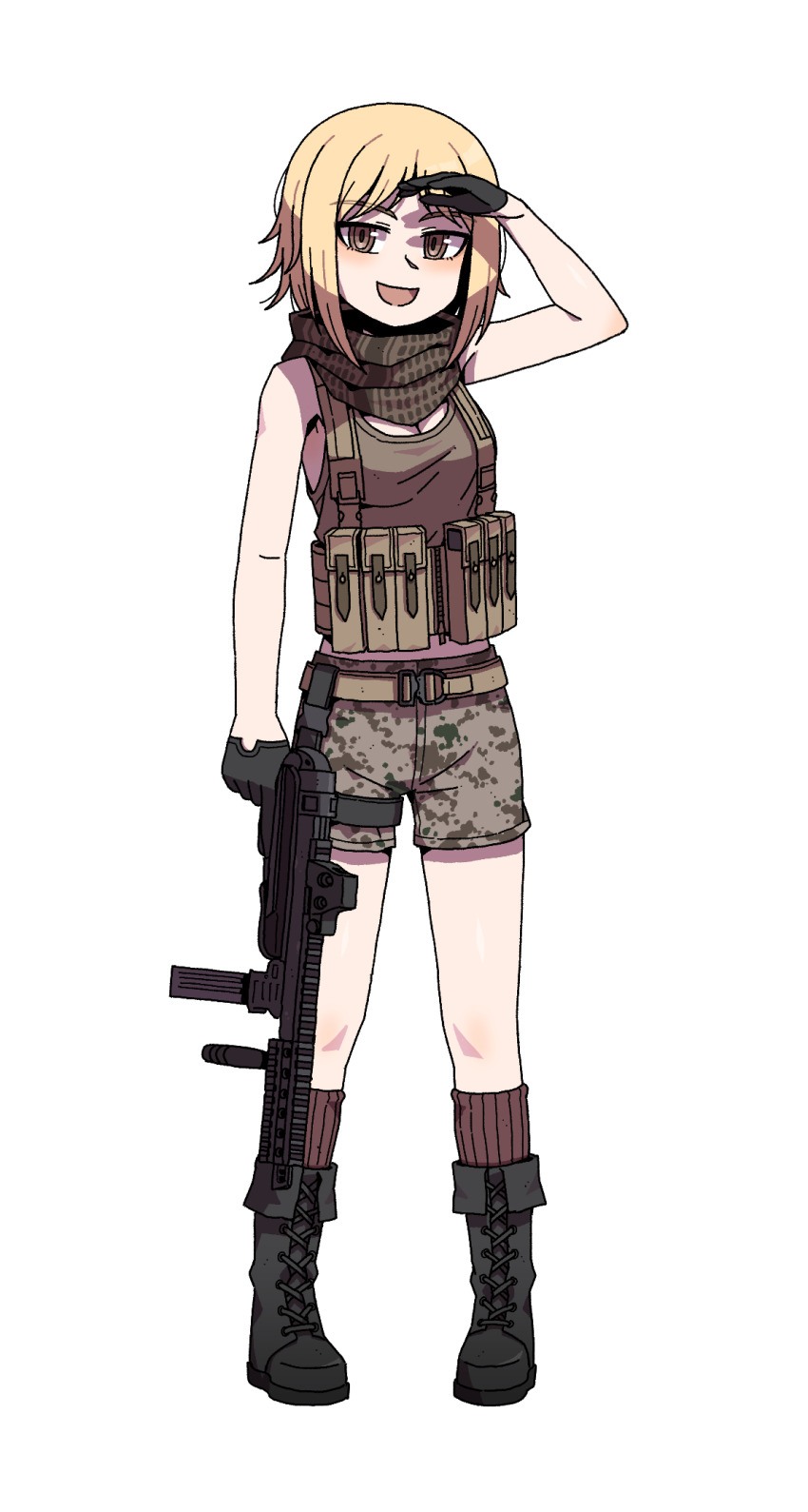 1girl ammunition_pouch belt black_gloves blonde_hair boots breasts brown_eyes brown_scarf brown_socks brown_tank_top camouflage camouflage_shorts chest_rig cleavage foregrip girls&#039;_frontline gloves gun half_gloves hand_up highres holding holding_weapon karepack keffiyeh looking_at_viewer medium_breasts medium_hair mp40 mp40_(girls&#039;_frontline) open_mouth optical_sight pouch scarf short_shorts shorts simple_background smile socks solo submachine_gun tank_top thigh_strap trigger_discipline weapon white_background