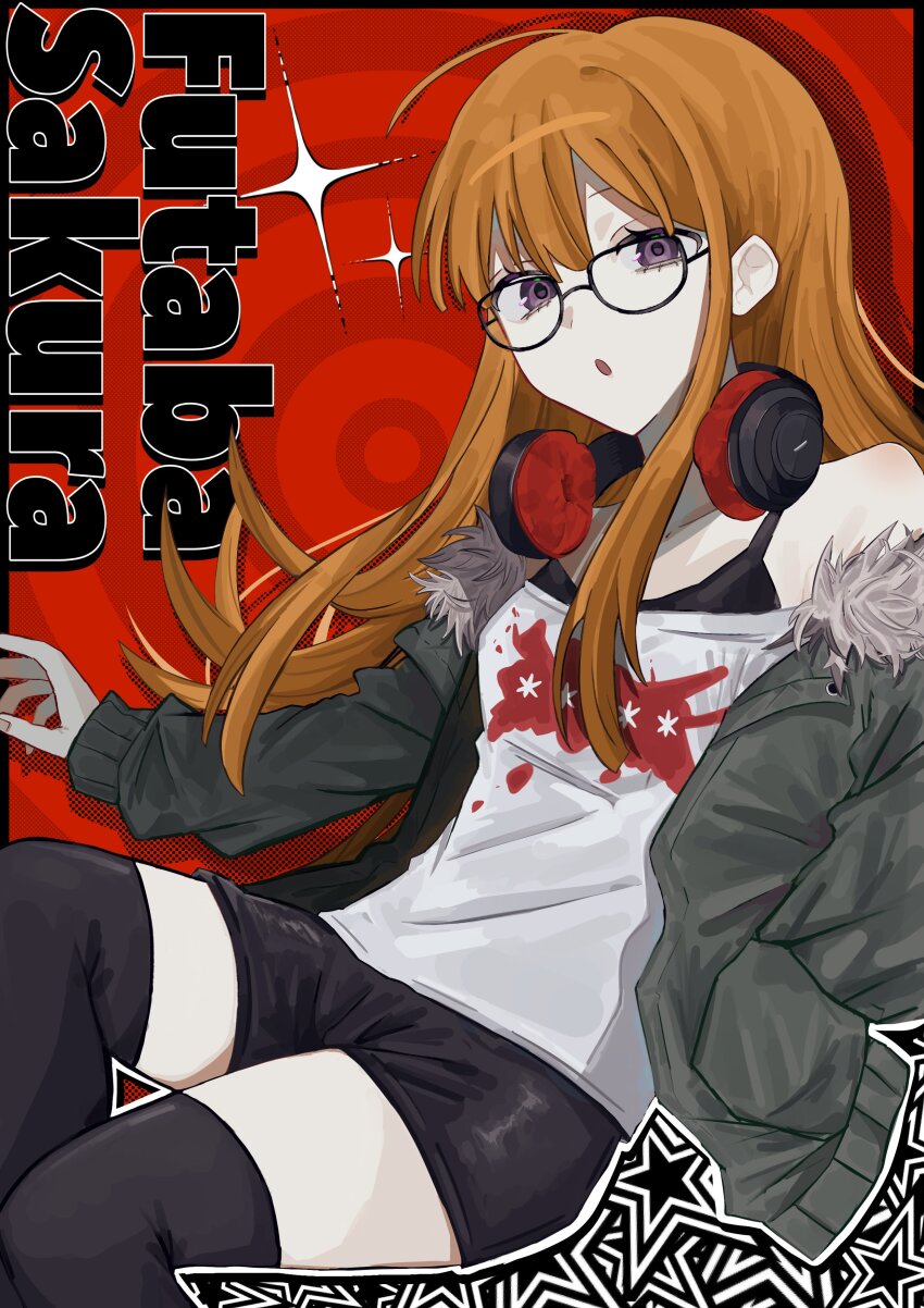 1girl :o absurdres ahoge black-framed_eyewear black_shorts black_tank_top black_thighhighs breasts character_name commentary_request feet_out_of_frame fur-trimmed_jacket fur_trim glasses green_jacket hashtag-only_commentary headphones headphones_around_neck highres jacket jacket_partially_removed long_hair long_sleeves looking_at_viewer off-shoulder_shirt off_shoulder orange_hair persona persona_5 print_shirt purple_eyes red_background sakura_futaba shirt shorts sidelocks small_breasts solo sparkle star_(symbol) star_symbol_background tank_top thighhighs white_shirt xyurux0