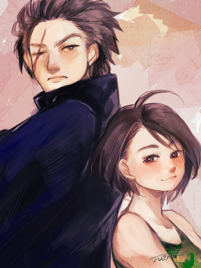 1boy 1girl ahoge back-to-back brother_and_sister brown_eyes brown_hair camouflage_tank_top frown gakuran hair_slicked_back highres justice_gakuen kazama_akira kazama_daigo looking_at_viewer one_eye_closed scar scar_across_eye scar_on_face school_uniform siblings smile suehiro_sanpachi tank_top