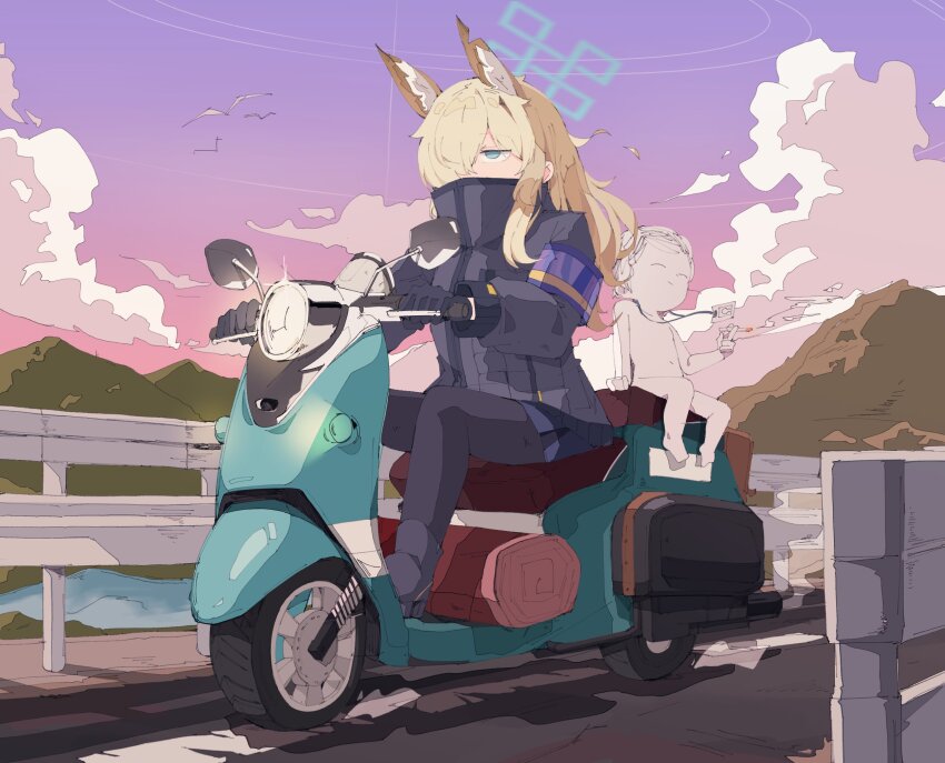1boy 1girl animal_ear_fluff animal_ears armband bird blonde_hair blue_archive blue_halo cigarette cloud cloudy_sky commentary_request day dog_ears dog_girl doodle_sensei_(blue_archive) extra_ears gloves gurenola hair_over_one_eye halo highres holding holding_cigarette id_card kanna_(blue_archive) lanyard long_hair long_sleeves motor_vehicle notched_ear on_scooter outdoors police police_uniform policewoman purple_armband purple_sky riding riding_scooter scooter seagull sensei_(blue_archive) skirt sky
