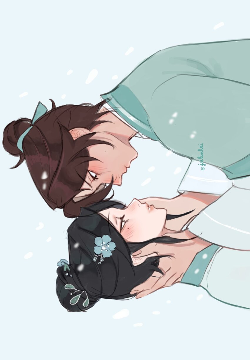 2girls aqua_hanfu black_eyes black_hair blush brown_hair commentary hair_bun hand_on_another&#039;s_face hand_on_another&#039;s_head highres julia_(julinhei) lin_buxian long_sleeves mole mole_under_eye multiple_girls ruzhui sideways snowing symbol-only_commentary twitter_username yun_an yuri