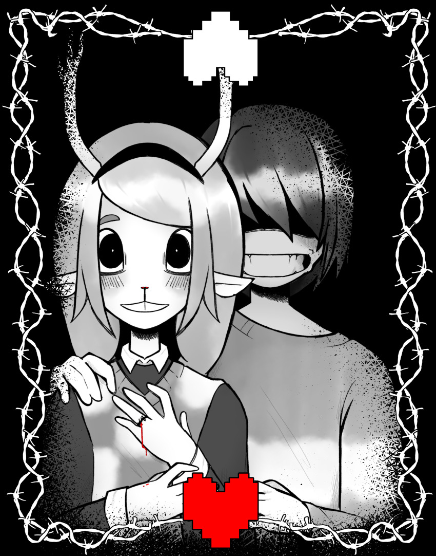 1girl 1other absurdres animal_ears antlers blood checkered_clothes checkered_sweater_vest checkered_vest deer_antlers deer_ears deer_girl deltarune furry furry_female highres horns kris_(deltarune) long_hair long_sleeves noelle_holiday reindeer_girl shirt short_hair smile teeth thorn_ring_(deltarune) two-tone_sweater_vest vest weird_route_(deltarune) worldwideorganic