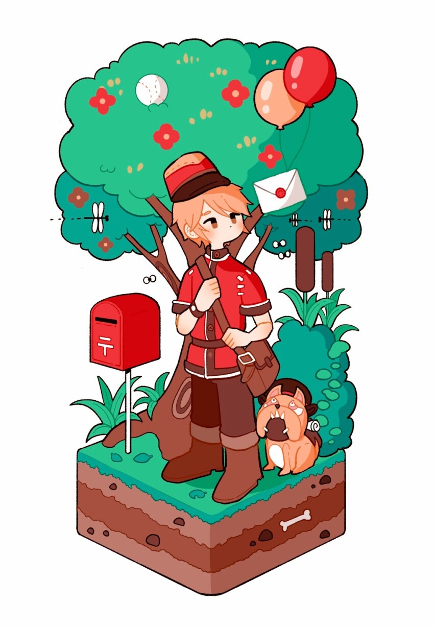 1boy bag balloon baseball belt blonde_hair bone boots brown_bag brown_boots brown_pants bug bush buttons cattail closed_mouth diorama dirt dog dragonfly envelope expressionless faux_figurine flower full_body grass hat highres identity_v insect isometric leaf looking_at_object looking_up male_focus orange_eyes pants plant postbox_(outgoing_mail) red_flower red_hat red_shirt satchel shirt short_hair short_sleeves simple_background solo stitches tree victor_grantz watch white_background whybe123 wick_(identity_v)