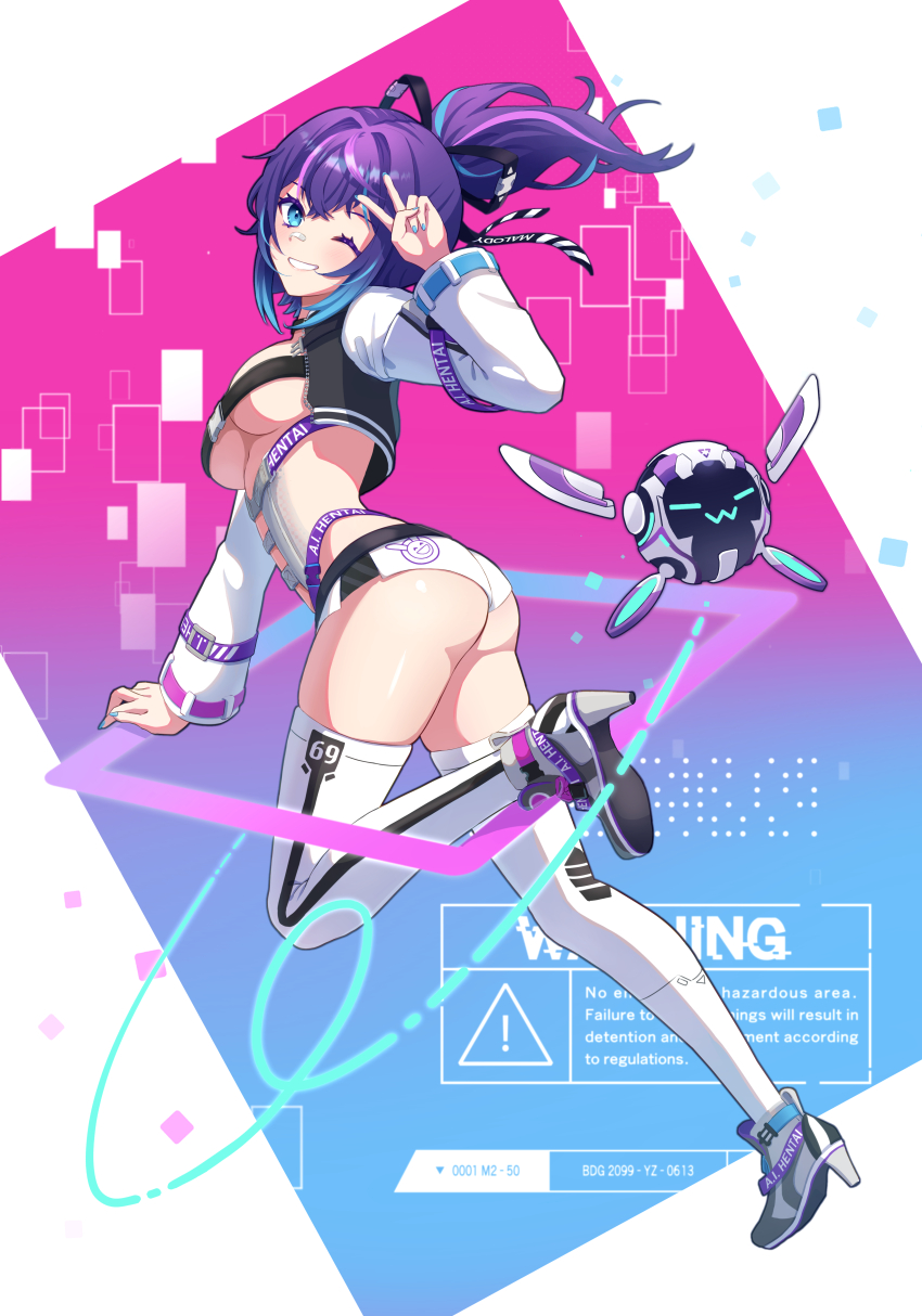1girl =_= absurdres aqua_eyes aqua_hair aqua_nails ass bandaid bandaid_on_face bandaid_on_nose black_ribbon blush breasts buckle closed_eyes clothes_writing commentary cropped_jacket english_text eyelashes fingernails full_body hair_intakes hair_ribbon high_heels highres jacket long_sleeves melody_(projektmelody) multicolored_hair nail_polish one_eye_closed open_clothes open_jacket ponytail purple_hair ribbon robot shoes short_shorts shorts sign smile snap-fit_buckle streaked_hair t0m_(projektmelody) thighhighs thighs tolo_mag underboob v virtual_youtuber vshojo warning_sign white_shoes white_shorts white_thighhighs