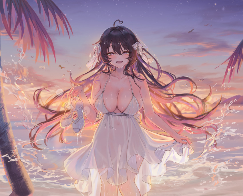 1girl :d ahoge black_hair breasts cleavage dress hair_between_eyes heart heart_ahoge highres holding holding_shoes large_breasts long_hair merumeko open_mouth original palm_tree purple_hair second-party_source shoes sky smile solo spaghetti_strap standing star_(sky) starry_sky sunset tongue tree very_long_hair wet white_dress white_shoes