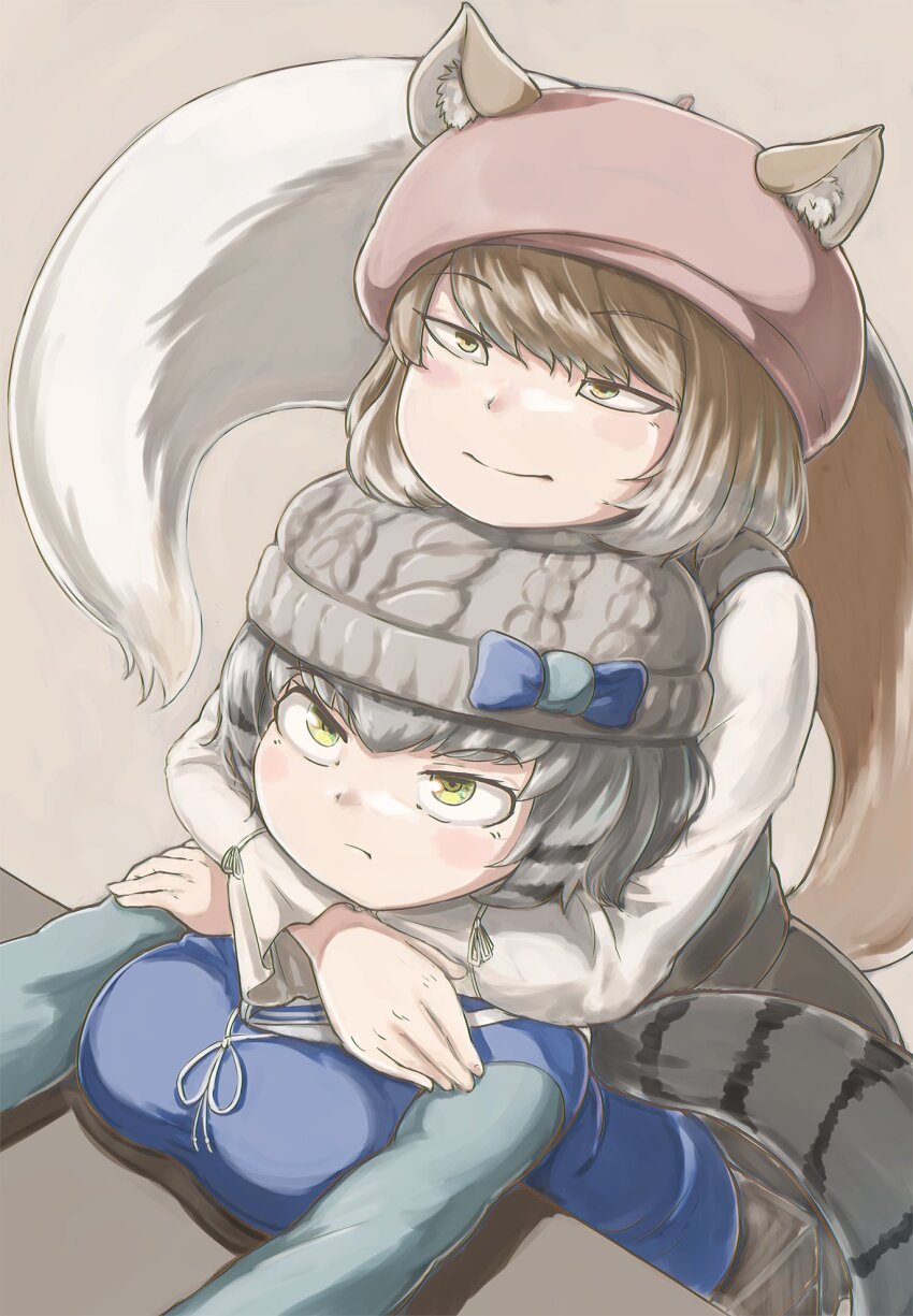 2girls animal_ears brown_eyes brown_hair brown_headwear cat_girl cat_tail extra_ears fox_ears fox_girl fox_tail grey_background grey_hair grey_headwear highres hood hoodie kemono_friends looking_at_viewer multiple_girls okyao pallas&#039;s_cat_(kemono_friends) shirt simple_background tail tibetan_fox_(kemono_friends) yellow_eyes