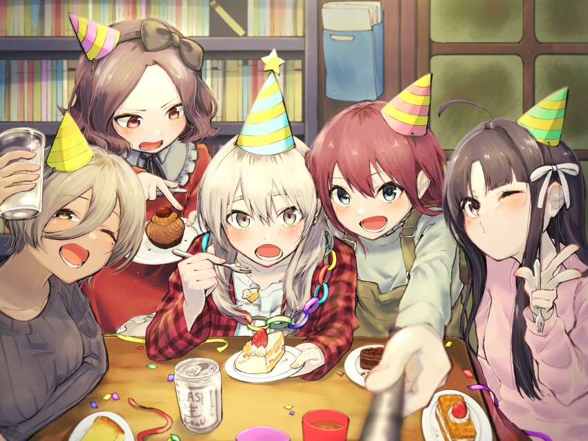 5girls ahoge asahi_breweries awa_subaru ayataka_syumimi black_bow black_hairband black_ribbon blue_eyes blush bookshelf bow brand_name_imitation brown_eyes brown_hair brown_overalls cake collarbone commentary_request confetti dress ebizuka_tomo food fork fruit girls_band_cry grey_eyes grey_hair grey_sweater hair_between_eyes hair_bow hair_ribbon hairband hat highres holding holding_fork holding_plate indoors iseri_nina jacket kawaragi_momoka long_hair long_hair_between_eyes lower_teeth_only mole mole_under_eye multicolored_hair multiple_girls neck_ribbon one_eye_closed open_clothes open_jacket overalls parted_bangs party_hat pink_sweater plaid_clothes plaid_jacket plate purple_eyes red_dress red_eyes red_hair red_jacket ribbon roots_(hair) rupa_(girls_band_cry) selfie selfie_stick shirt short_hair sidelocks strawberry sweater teeth togenashi_togeari w white_ribbon white_shirt