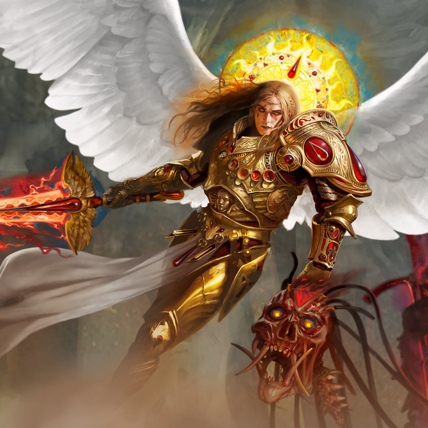 1boy angel angron armor blade_encarmine blonde_hair breastplate circlet david-sondered fangs fire flaming_sword flaming_weapon gauntlets gem glowing glowing_eyes glowing_sword glowing_weapon gold_armor hair_tubes halo holding holding_weapon long_hair looking_at_viewer ornate ornate_armor ornate_weapon pauldrons power_armor primarch red_gemstone sanguinius shoulder_armor sword tube warhammer_40k weapon wings yellow_eyes