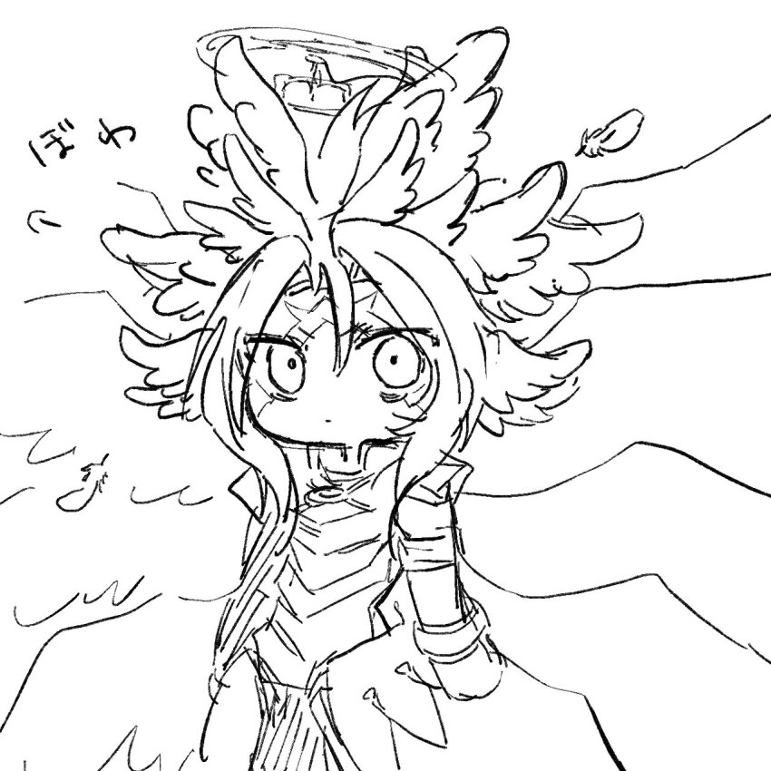 angel digimon digimon_(creature) fallen_angel highres looking_at_viewer lucemon_falldown_mode lucemon_x-antibody monochrome scar sketch solo wings